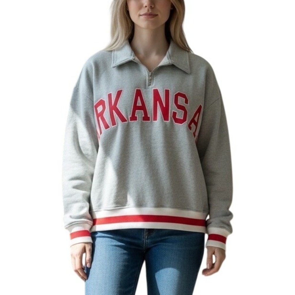 Arkansas Razorbacks Womens Quarter Zip Pullover Sweatshirt Gray Red Striped Trim
